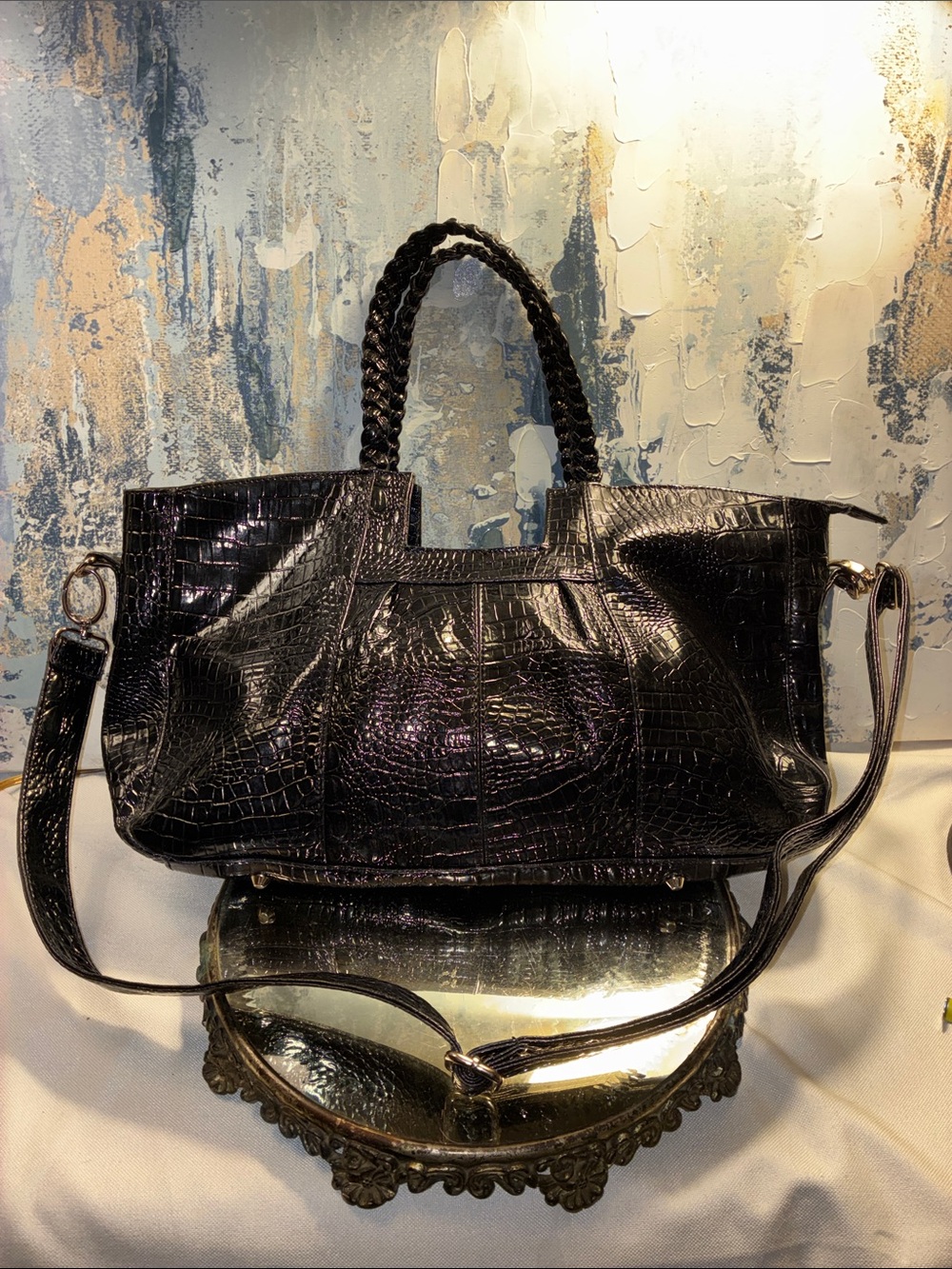 Vintage Vegan Black Croc-Embossed Braided Handle Shoulder Bag XL